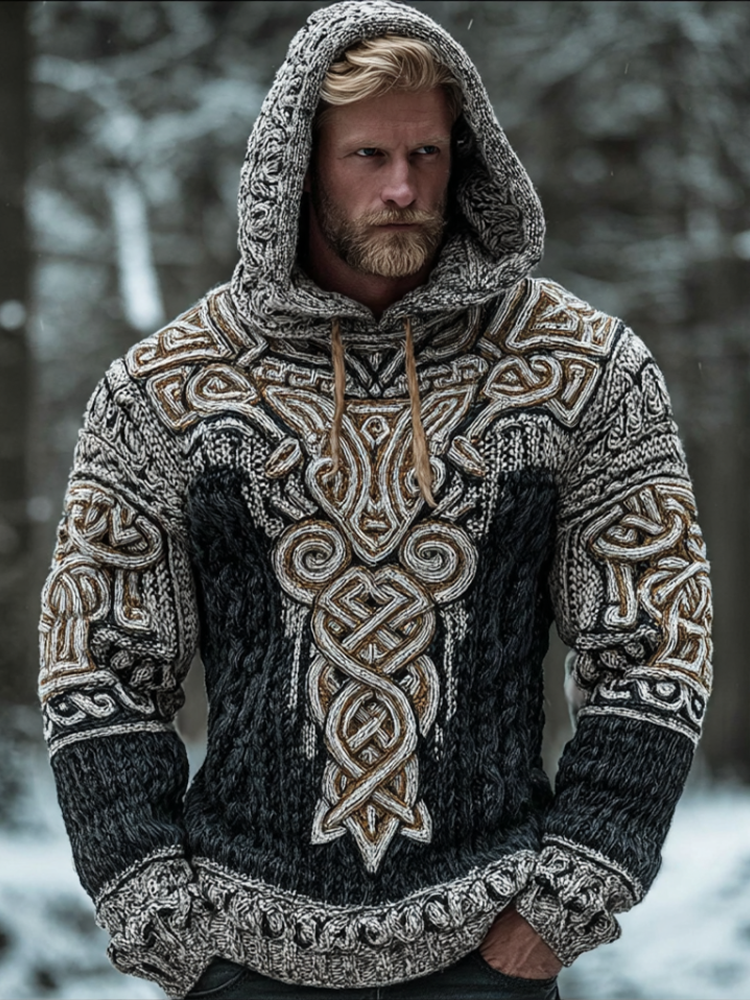 Men's Hooded Thick Sweater With Viking Style Tribal Totem And Wolf Totem Patterns artswardrobe