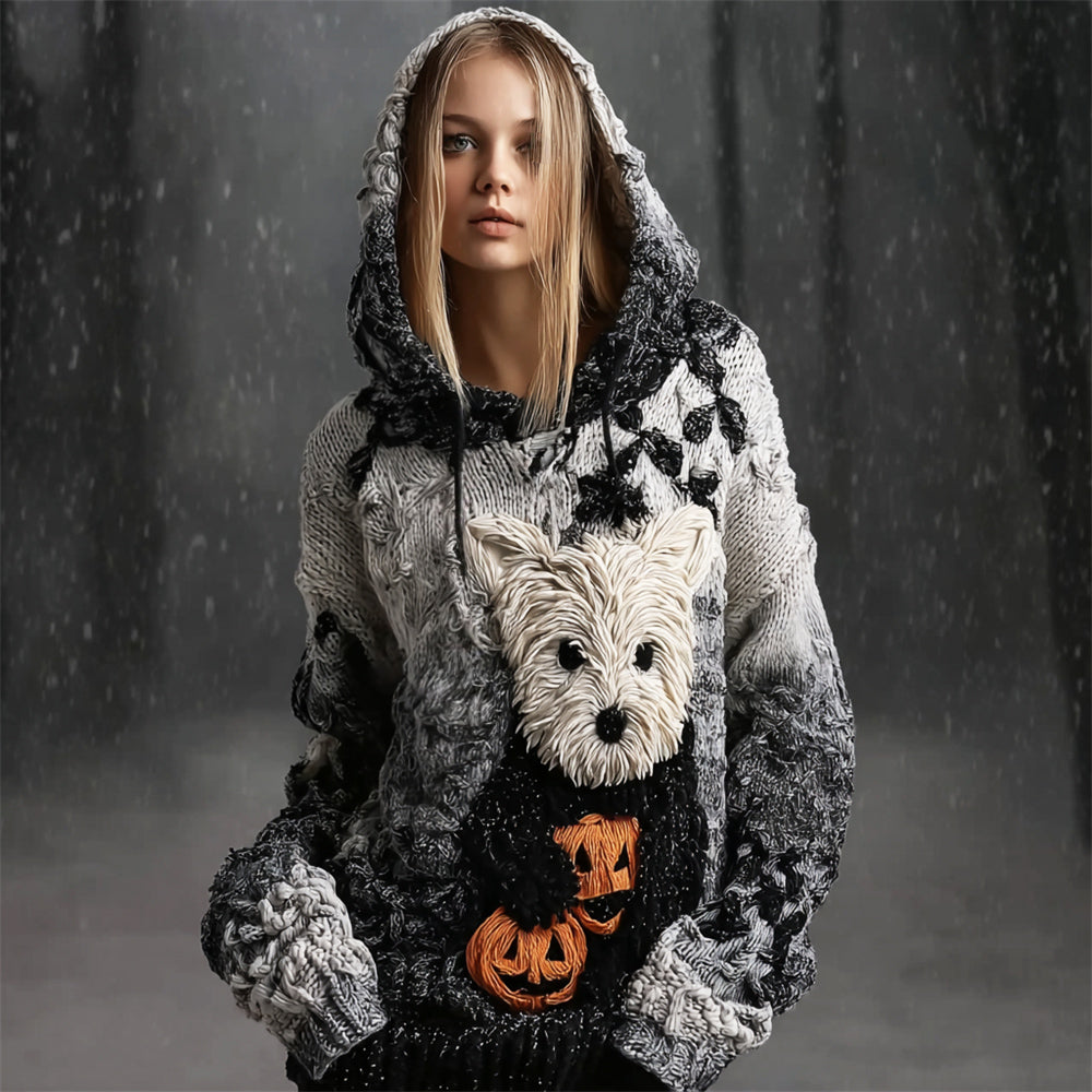 Comstylish Halloween Cairn Terrier Dog & Pumpkin Art Women's Hooded Sweater