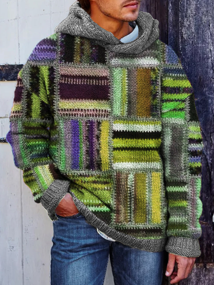 Men's Retro Colorblock Patchwork Cozy Hooded Sweater artswardrobe