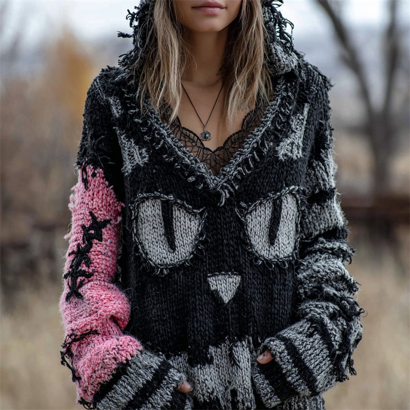 Comstylish Halloween Black Cat Face Contrast Distressed Knit Hooded Sweater