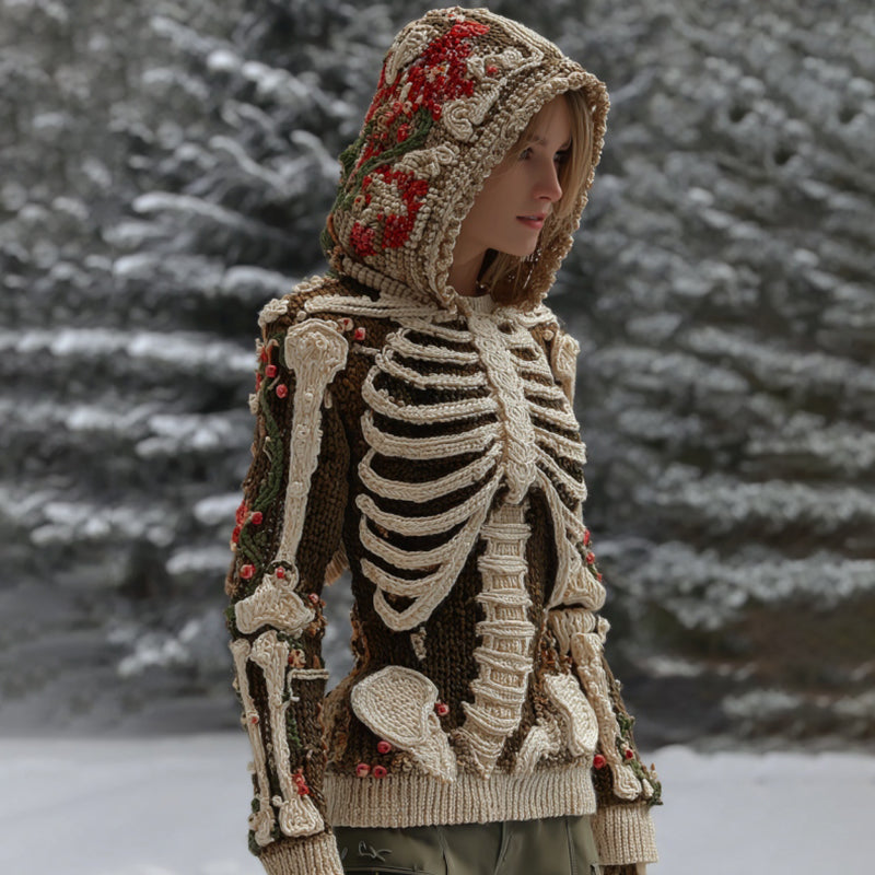 Comstylish Women's Vintage Skeleton Flower Art Cozy Hooded Sweater