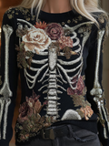 Comstylish Halloween Skeleton And Plant Flower Pattern Combined Design Women's Knitted Sweater