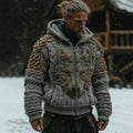 Men's Vintage Viking Wolf Pattern Zip Up Knit Hooded Sweater artswardrobe