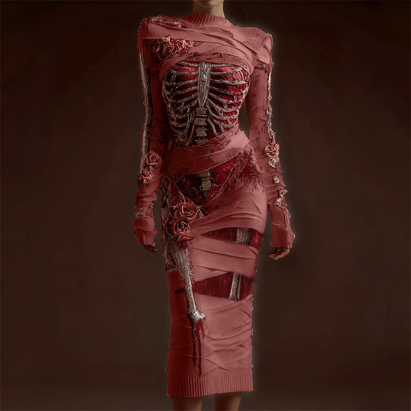 Comstylish Classy Skeleton Anatomy Bloody Roses Bandages Maxi Sweater Dress