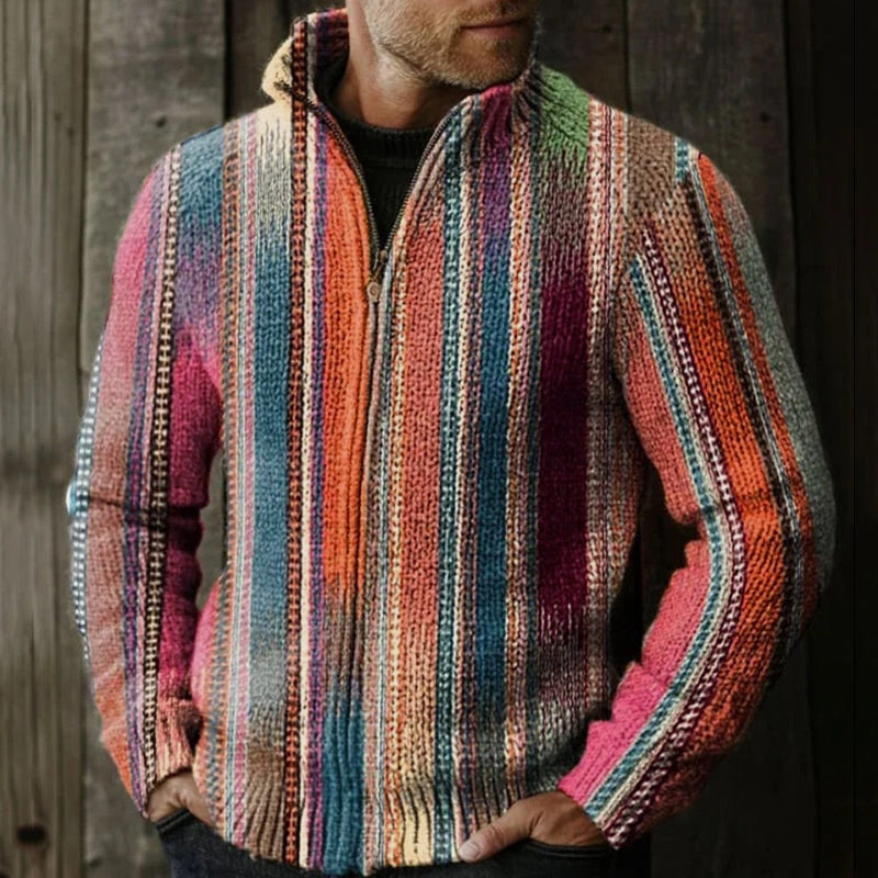 Men's Retro Colorful Striped Pattern Knitted Zip Sweater elevenforest