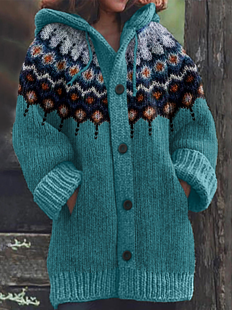 Retro Geometric Knitted Button Down Cozy Hoodie Sweater elevenforest