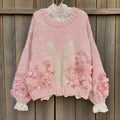 Women's Boho Bunny And Rose Embroidery  Knit Crew Neck Sweater artswardrobe