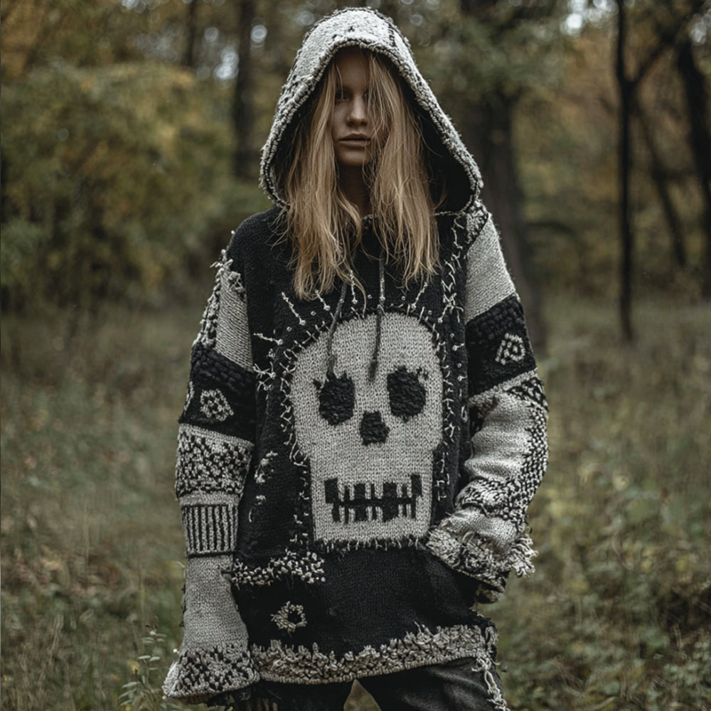 Women's Vintage And Quirky Skull Patchwork Pattern Vintage Hooded Sweater artswardrobe