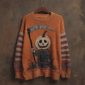 Halloween Pumpkin Ghoul Embroidered Striped Cozy Knitted Sweater artswardrobe