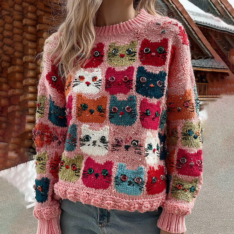 Colorful Winter Cats Pattern Art Cozy Knit Sweater artswardrobe