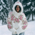 Comstylish Women's Bohemian Style Pink Rose Art Warm Hooded Knitted Sweater