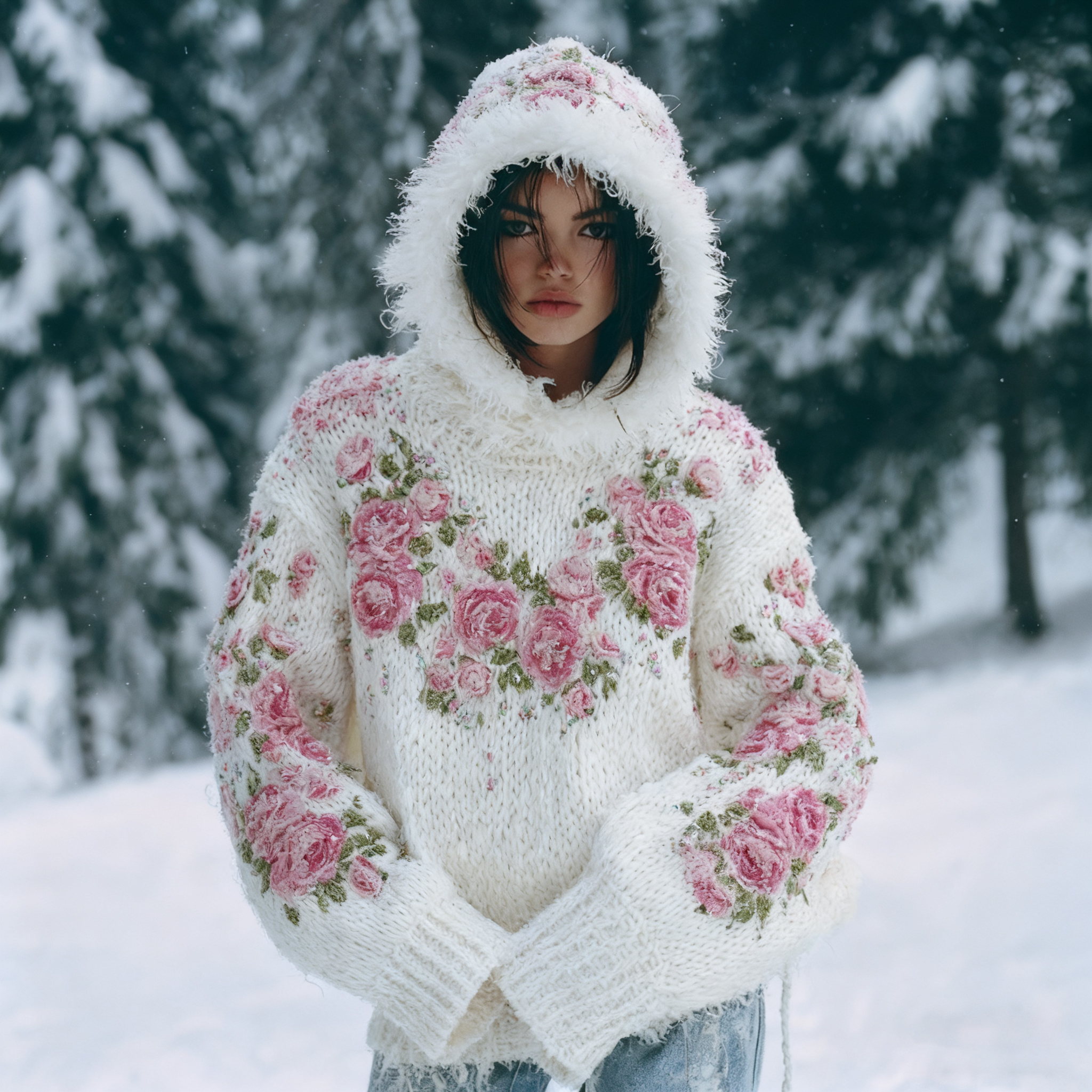 Women's  Bohemian Style Pink Rose Art Warm Hooded Knitted Sweater