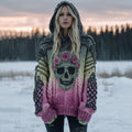 Women's Vintage Skull Flower Gradient Art Cozy Knitted Hooded Sweater elevenforest