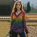 Vintage Irish Rainbow V-neck Knitted Jacquard Aran Sweater artswardrobe