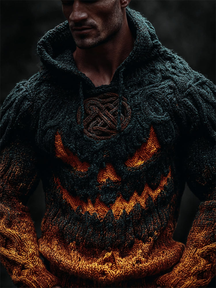 Men's Halloween Pumpkin Viking Celtic Gradient Cozy Chunky Hooded Sweater artswardrobe