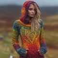 Women's Viking Celtic Knot With Irish Rainbow Art Cozy Knit Hooded Sweater artswardrobe