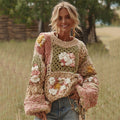 Women's Boho Classic Granny Check Crochet Rose Floral Sweater artswardrobe