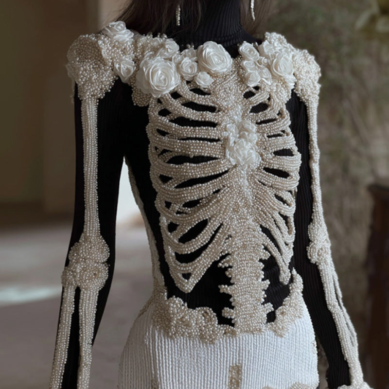 Women's Vintage Halloween Skeleton Bones With Rose Art Cozy Knit Mini Sweater Dress artswardrobe