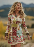 Women's Vintage Patchwork Floral Art Cozy Knit V Neck Mini Sweater Dress