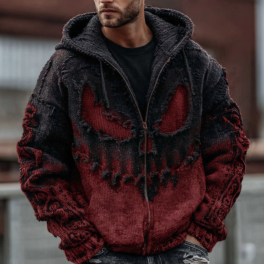 Men's Halloween Spooky Face Gradient Inspired Knitted Distressed Zipper Up Hooded Sweater elevenforest