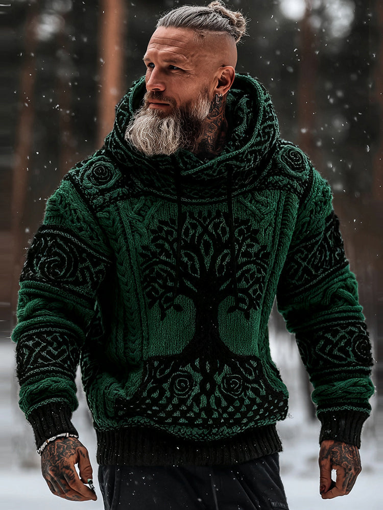 Men's Viking Tribal Jacquard Celtic With Rose And Tree Of Life Inspired Chunky Knit Hooded Sweater artswardrobe