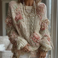 Women's Pink Rose Knitted Warm Long Sleeve Crew Neck Sweater artswardrobe