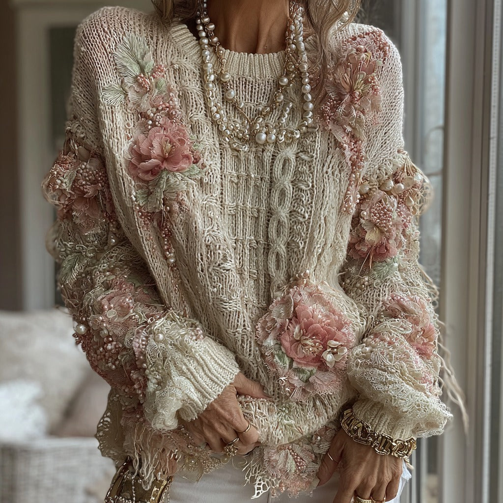 Women's Pink Rose Knitted Warm Long Sleeve Crew Neck Sweater artswardrobe