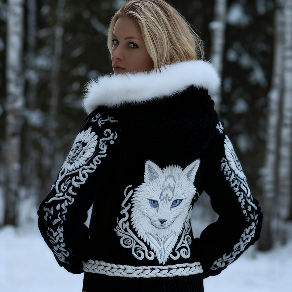 Comstylish Viking Retro Style Cat Embroidery Pattern Women's Knit Hooded Sweater Jacket