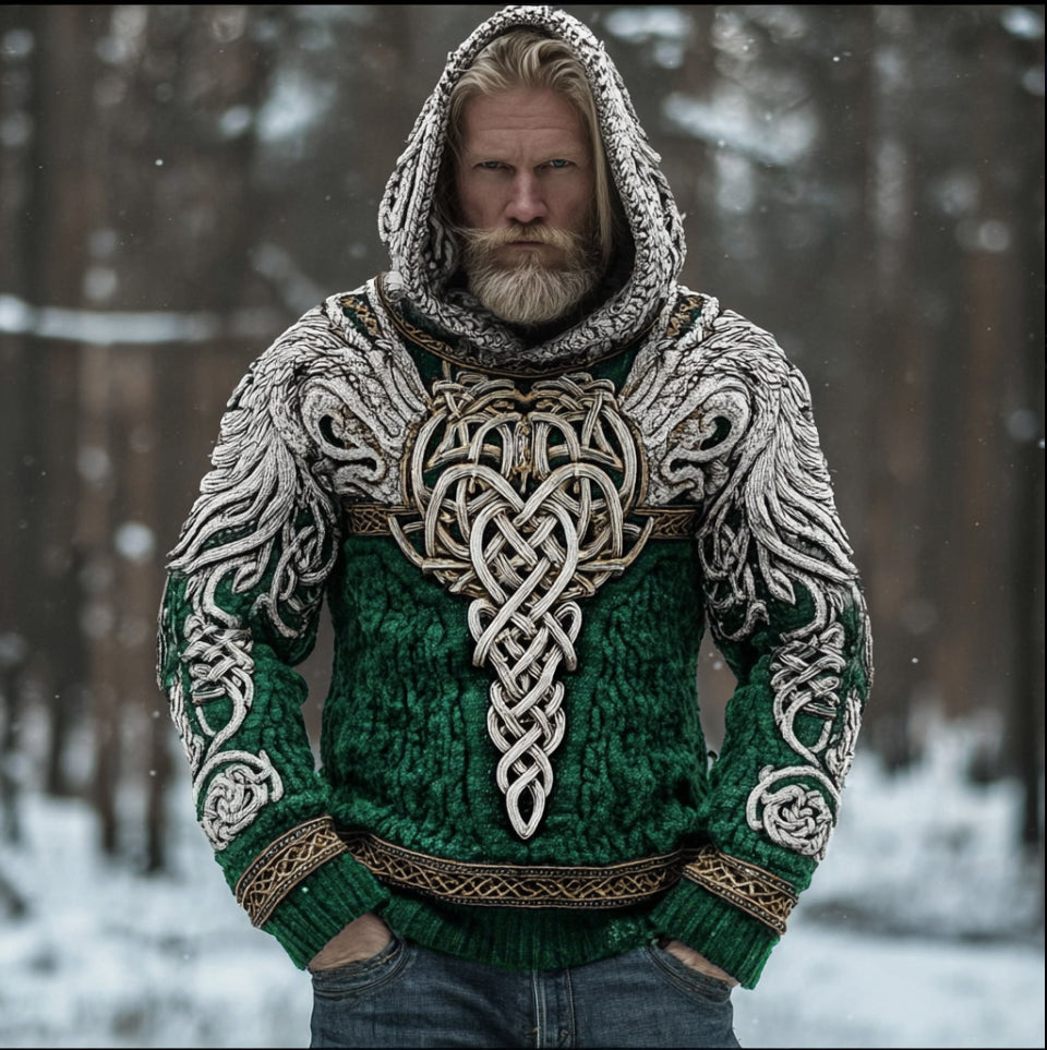 Men's Hooded Thick Sweater With Viking Style Tribal Totem And Wolf Totem Patterns artswardrobe
