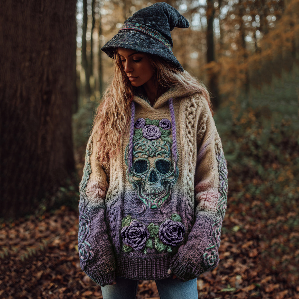 Women's Viking Tribal Jacquard Celtic With Rose And Skull Inspired Chunky Knit Hooded Sweater artswardrobe
