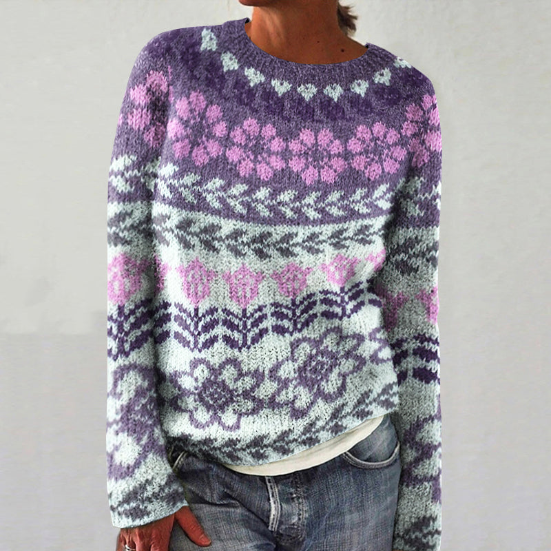 Women's Fairman Island Floral Jacquard Round Neck Sweater artswardrobe