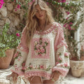 Women's Boho Granny Check Chunky Knit Crew Neck Sweater artswardrobe