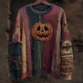 Halloween Spooky Pumpkin Face Embroidered Patchwork Knitted Sweater artswardrobe