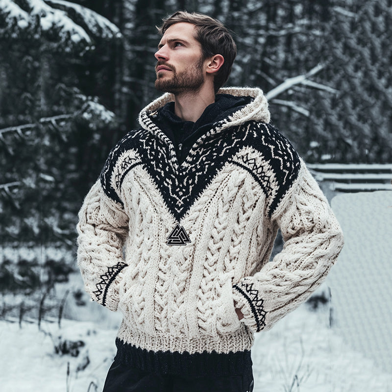 Men's Vintage Viking Inspired Celtic Jacquard Hooded Sweater artswardrobe