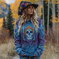 Women's Vintage Viking Tribal Jacquard Celtic With Rose And Skull Inspired Chunky Knit Hooded Sweater artswardrobe