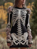 Comstylish Vintage Skeleton Roses Embroidered Sweater Mini Dress