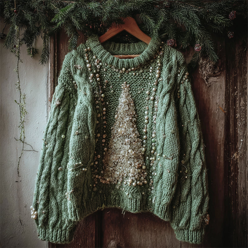 Elegant Christmas Tree Beaded Cozy Cable Knit Sweater artswardrobe