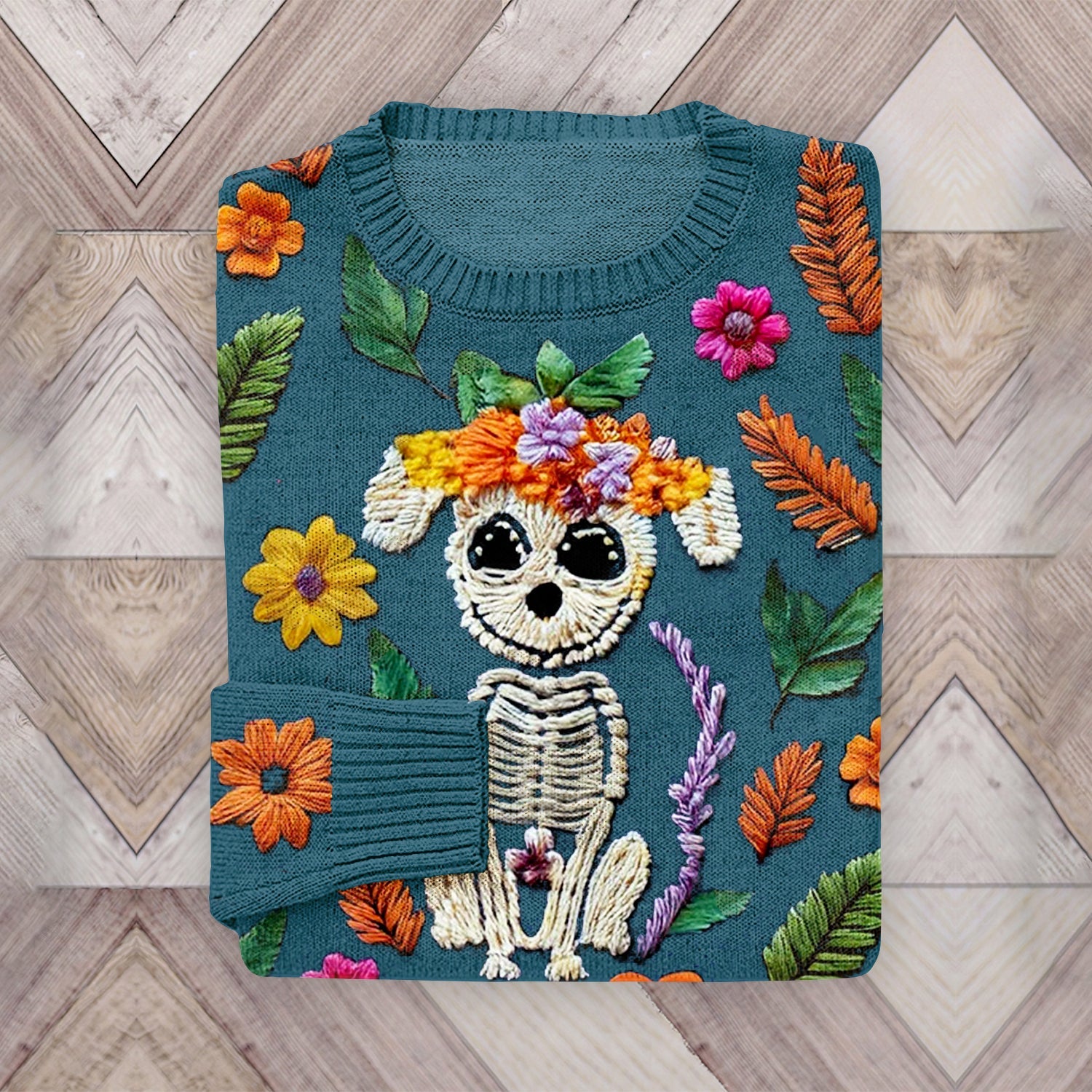 Comstylish Mexican Catrina Day Of The Dead Skull Embroidered Floral Dog Art Crew Neck Sweater