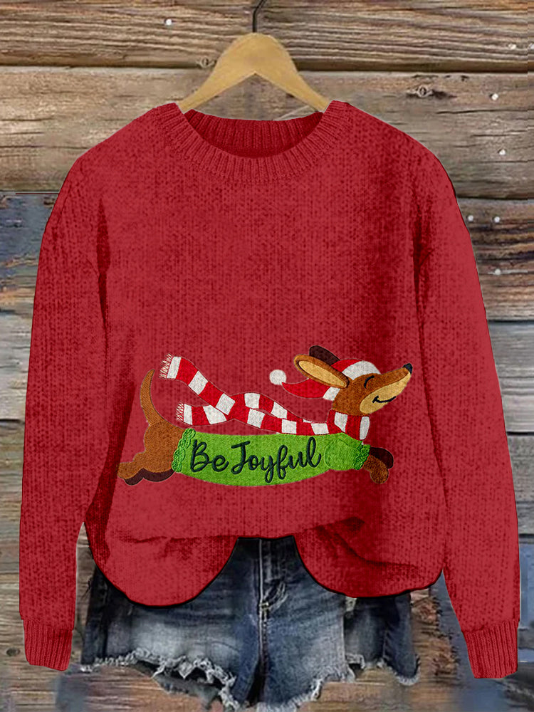 Comstylish Be Joyful Dachshund Embroidered Christmas Cozy Sweater