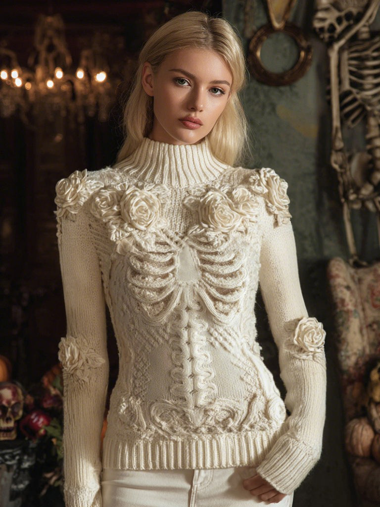 Comstylish Halloween Classic Rose Skeleton Jacquard Turtleneck Aran Sweater