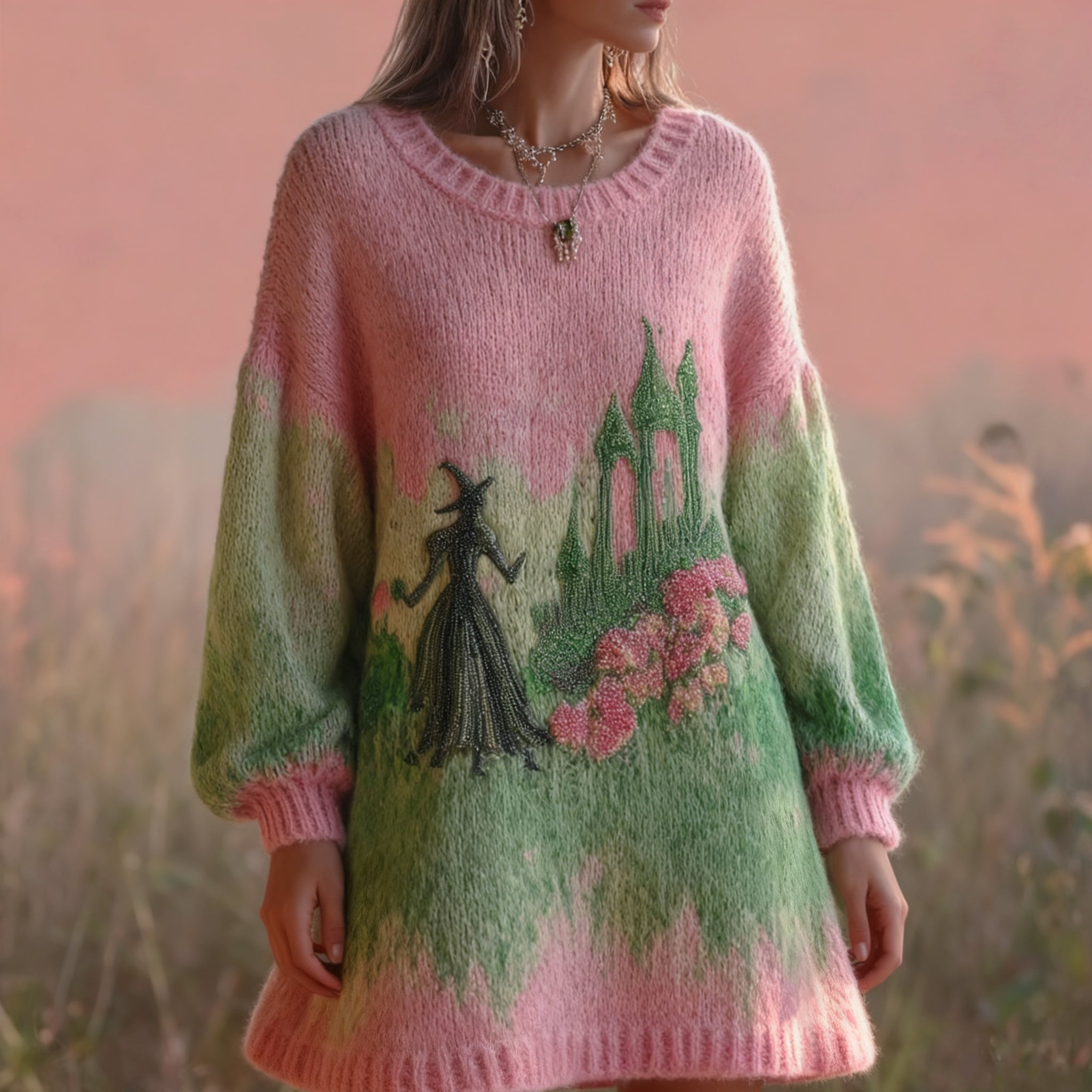 Halloween 2025 Witch Beads Embroidered Knit Sweater Dress artswardrobe