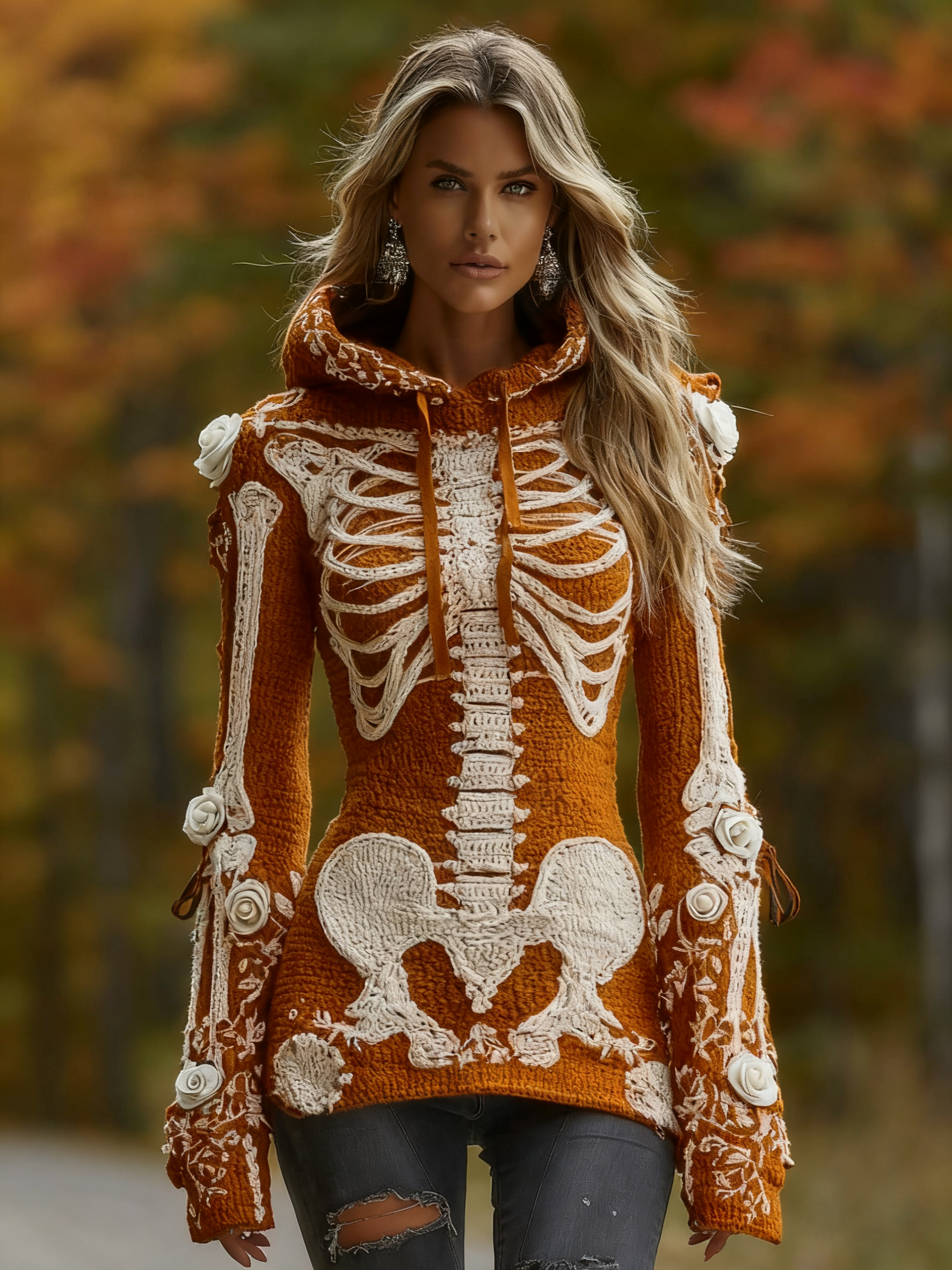 Women's Halloween Skeleton Bones With Roses Art Knitted Warm Hooded Sweater artswardrobe