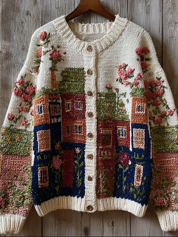 Comstylish Bohemian Style Garden Pattern Design Women's Knitted Sweater Coat