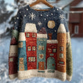 Comstylish Christmas Snowing Night Scene Colorblock Cozy Knit Sweater