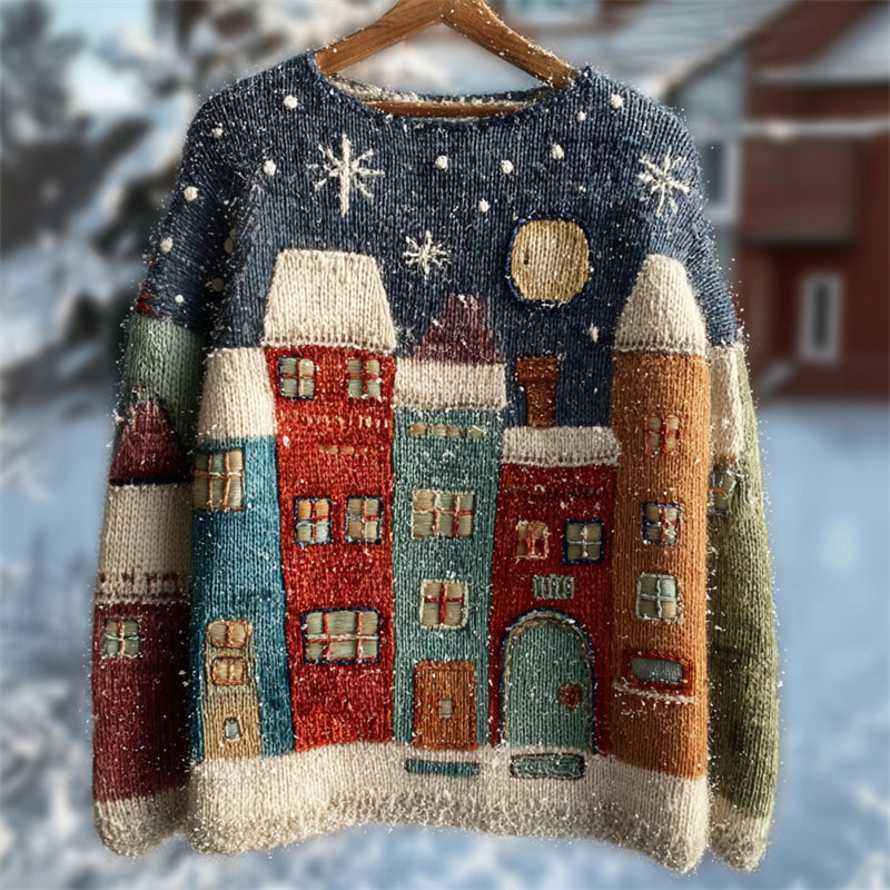 Comstylish Christmas Snowing Night Scene Colorblock Cozy Knit Sweater