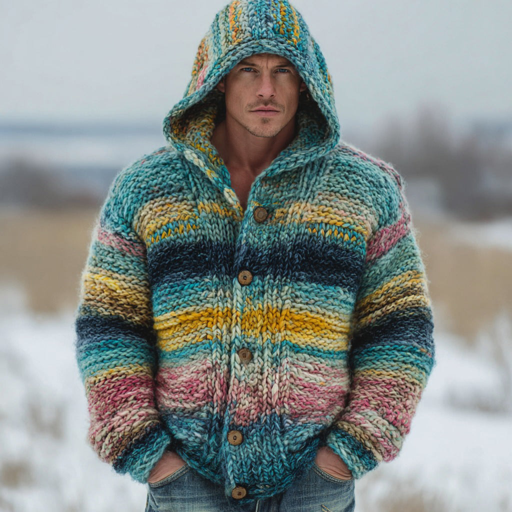 Men's Colorful Striped Contrast Warm Knitted Button Hooded Sweater elevenforest