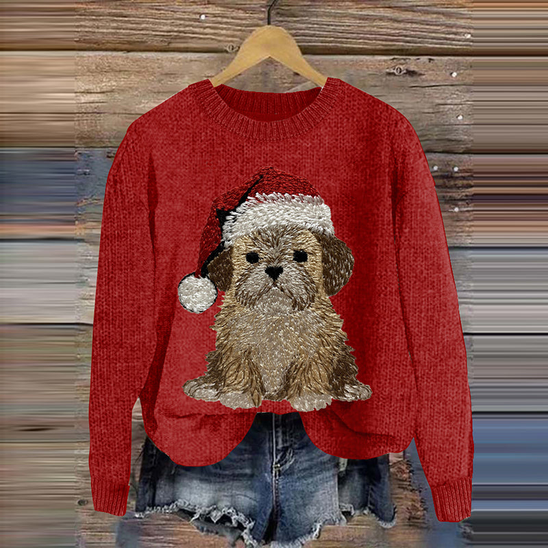 Comstylish Women's Christmas Puppy Embroidery Art Print Casual Sweater