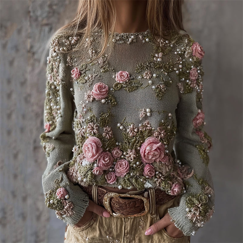 Vintage Pink Roses Pearls Embroidered Cozy Knit Sweater artswardrobe