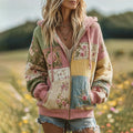 Women's Vintage Floral Patchwork Cozy Knit Hooded Zipper Sweater artswardrobe