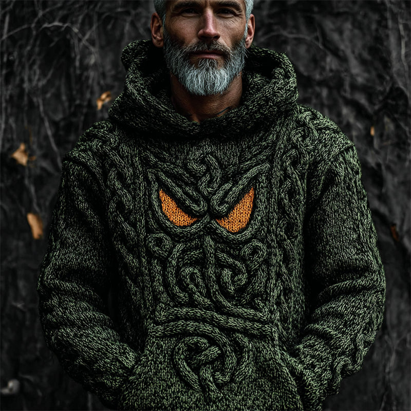 Men's Halloween Monster Face Celtic Cozy Knit Hooded Sweater elevenforest